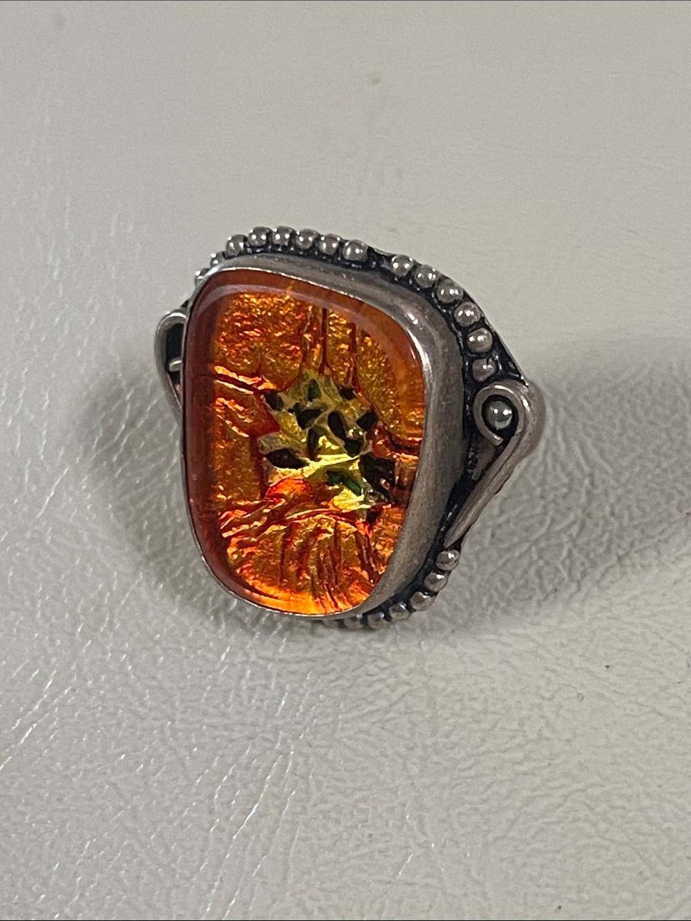 Sterling Silver Orange Glass Cabochon Ring
